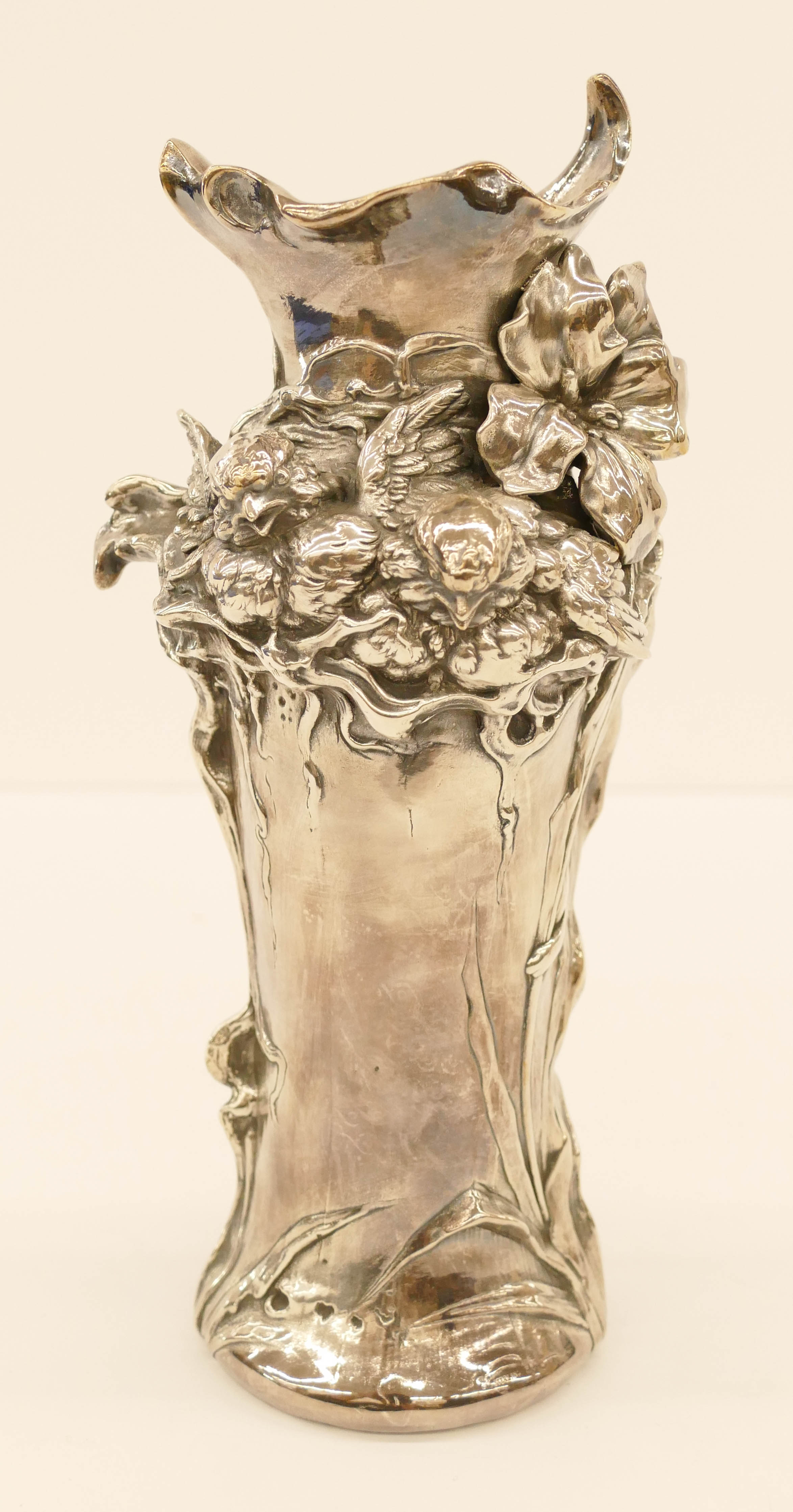 Appraisal: Art Nouveau Sterling Silver Deposit Vase ''x '' A figural