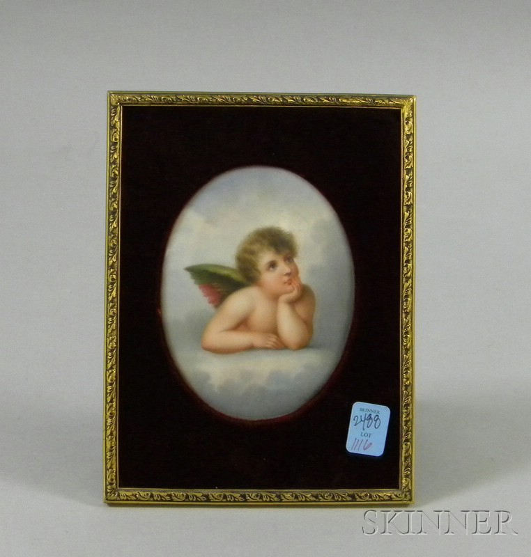 Appraisal: Hand-painted Oval Porcelain Plaque Depicting a Putto framed signed Wagner