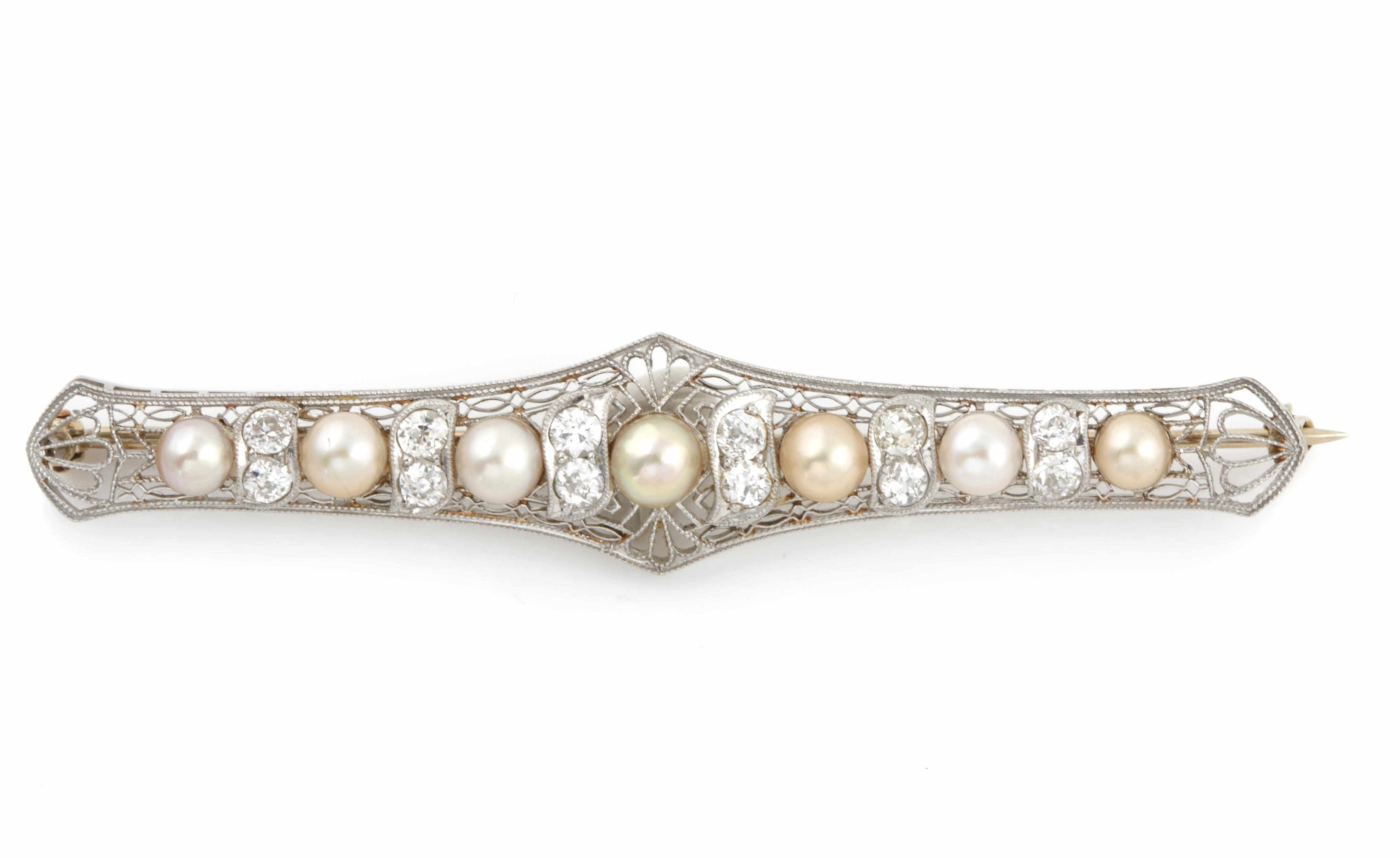 Appraisal: An Edwardian diamond cultured pearl and platinum bar brooch circa