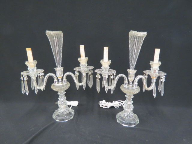 Appraisal: Pair of Crystal Lamps Candelabra shape with center plume teardrop