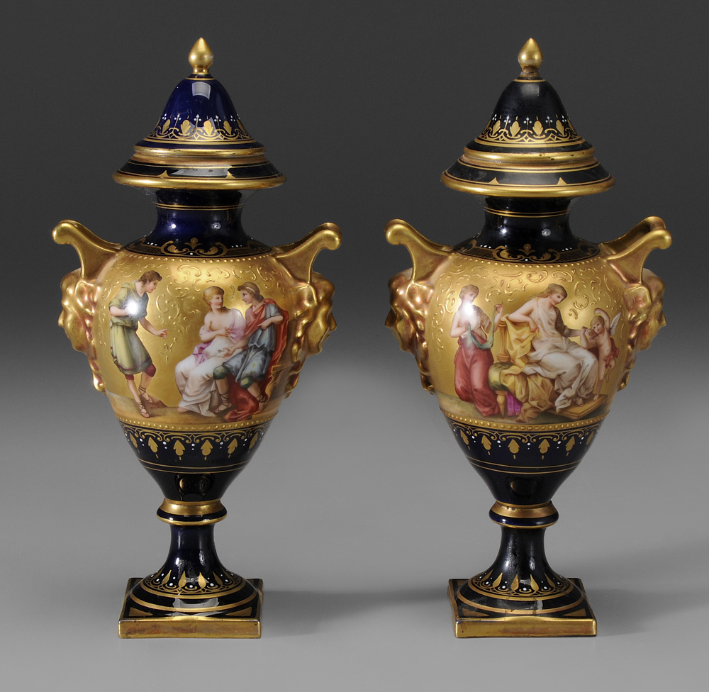 Appraisal: Pair Royal Vienna Style Miniature Urns Continental printed and hand-painted