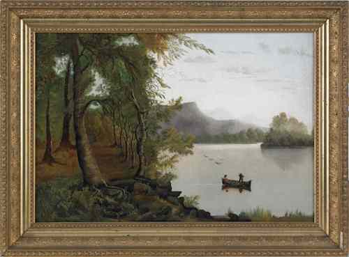 Appraisal: Adirondack oil on canvas landscape th c with duck hunters