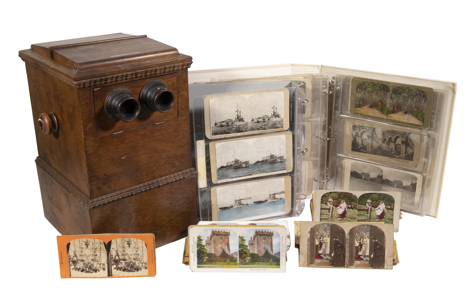 Appraisal: TABLETOP DOUBLE-SIDED STEREOSCOPE VIEWER PLUS APPROX STEREOVIEWS Mid- th c