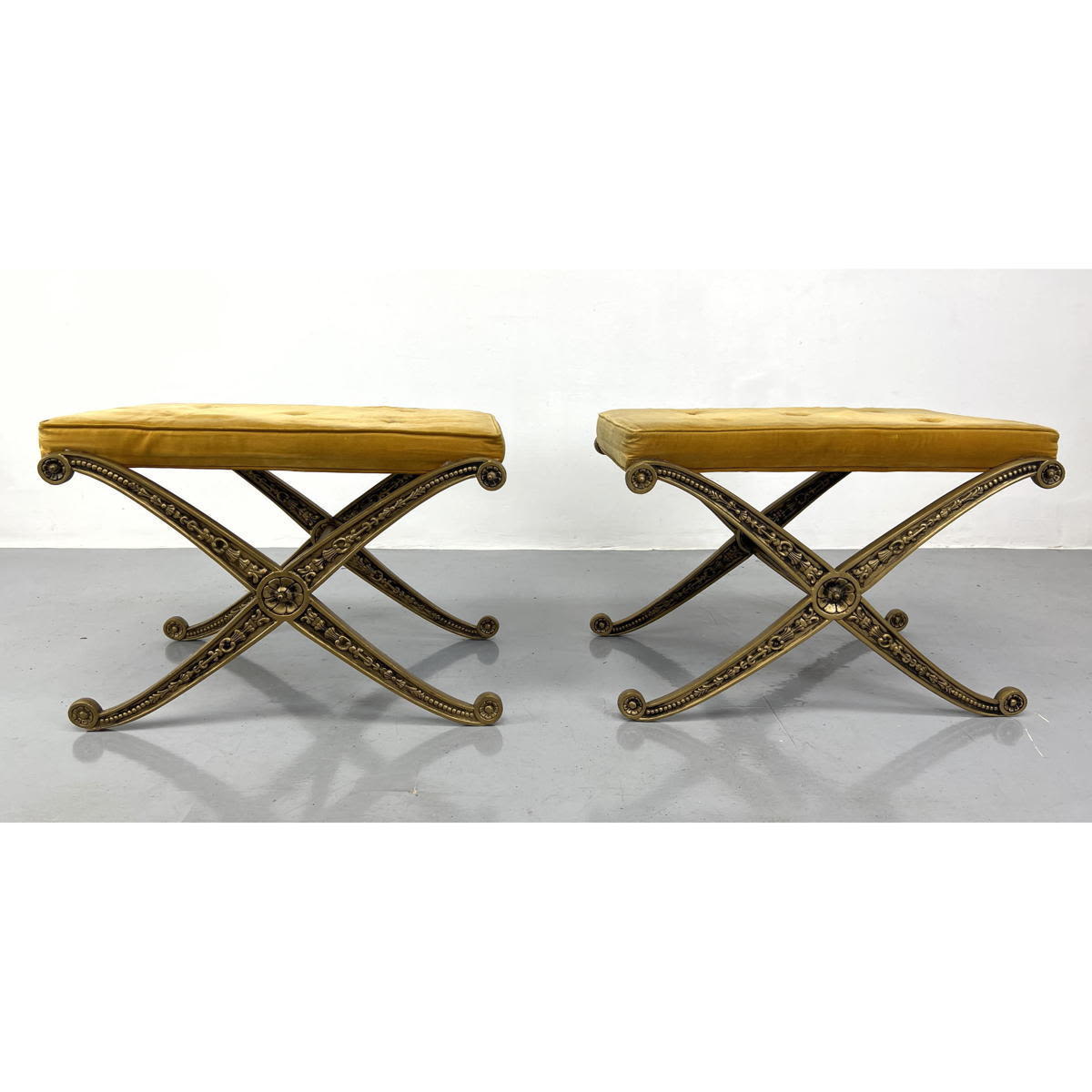 Appraisal: Pair Kessler Cast Aluminum X Base Benches Gold finish Dimensions