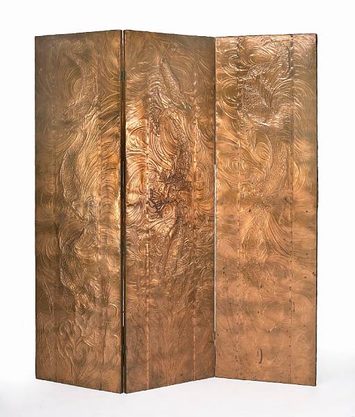 Appraisal: A copper clad three panel floor screen early th century