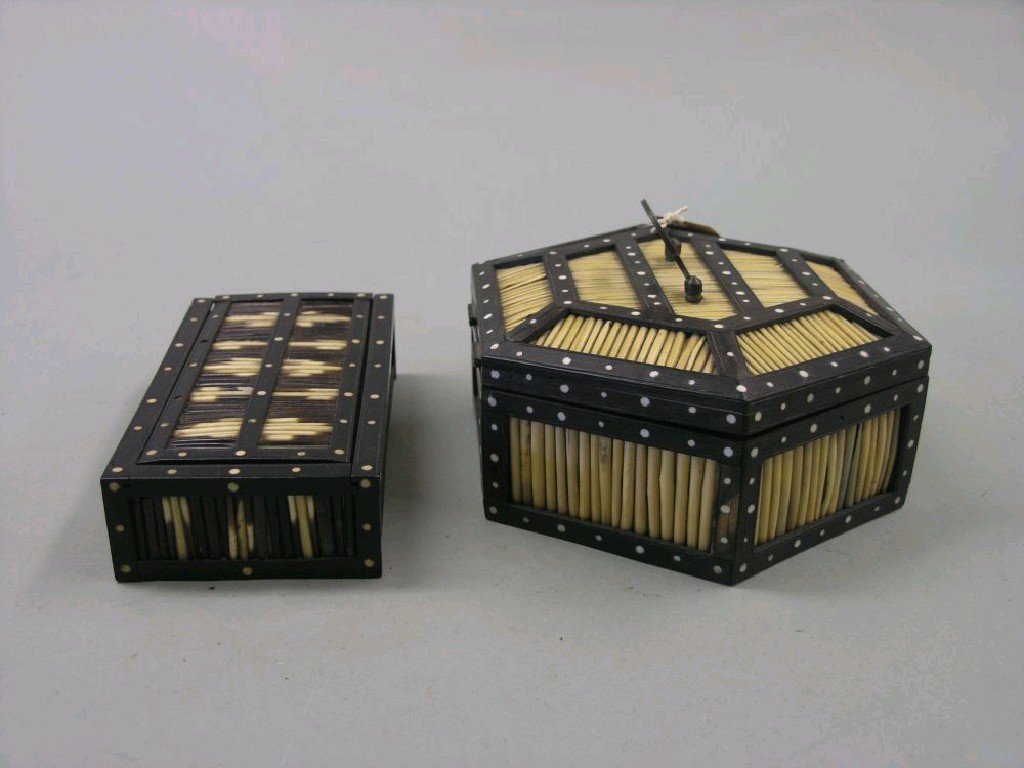 Appraisal: An unusual Ceylon porcupine and ebony box hexagonal shape with