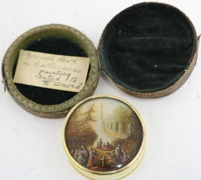 Appraisal: LATE TH C FRENCH PATCHBOX WITH HAND PAINTEDCOURT SCENE ON