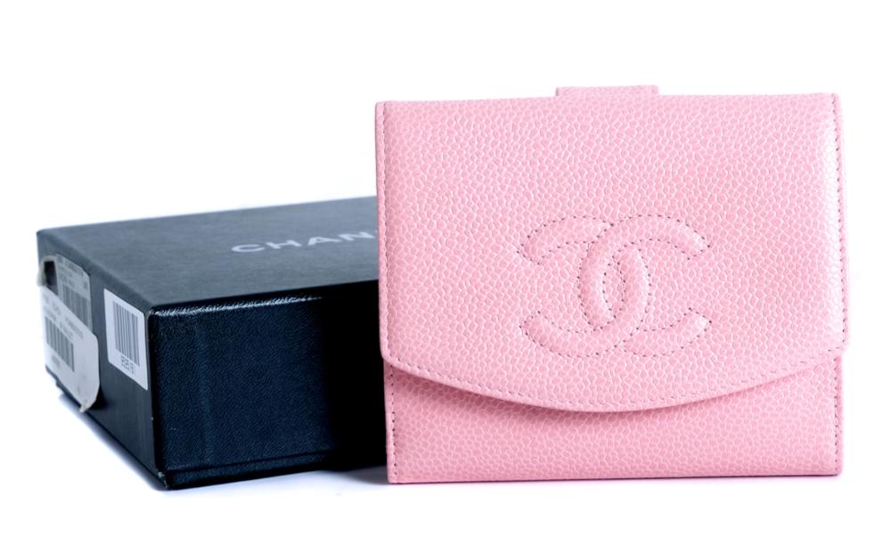 Appraisal: CHANEL PINK CAVIAR LEATHER TRIFOLD WALLETNew in box Chanel rose