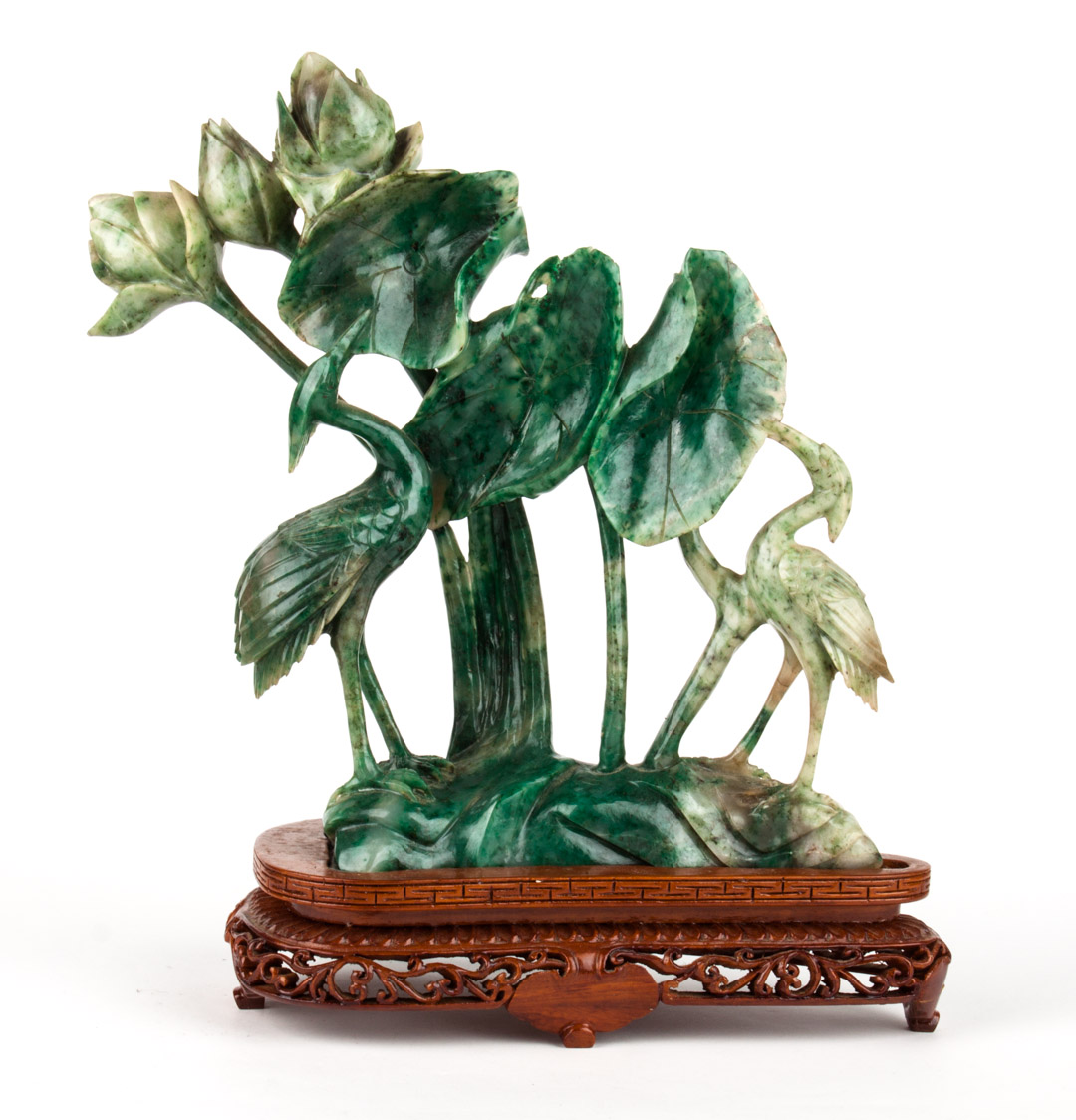 Appraisal: Chinese carved jade crane and lotus group mounted on wood