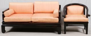 Appraisal: CHINESE TEAKWOOD SOFA AND ARMCHAIR CHINESE TEAKWOOD SOFA AND ARMCHAIR