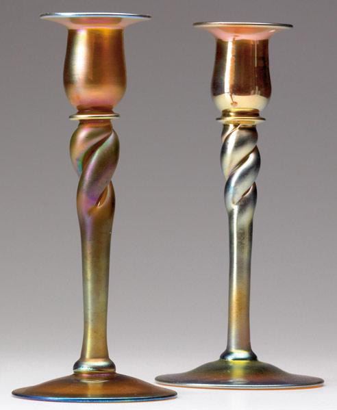 Appraisal: STEUBEN Pair of unusual twisted candleholders with gold and satiny