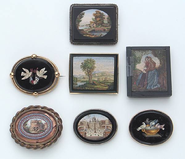 Appraisal: A collection of six micro-mosaic brooches and one plaque pin