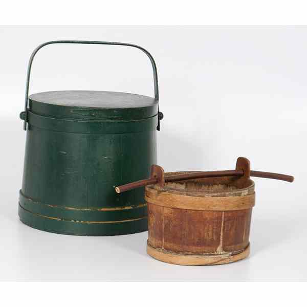 Appraisal: Wooden Firkin and Bucket American a painted wooden firkin with