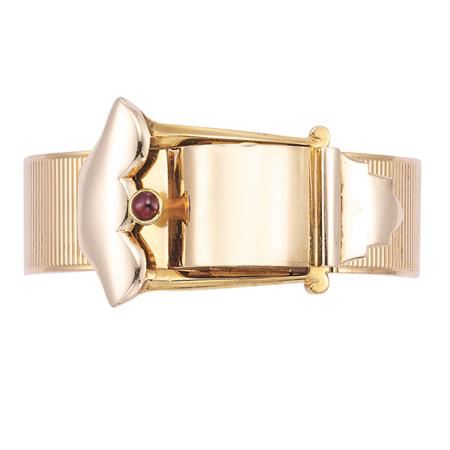 Appraisal: Gold and Cabochon Ruby Buckle Bangle-Watch Bracelet Tiffany Co Estimate