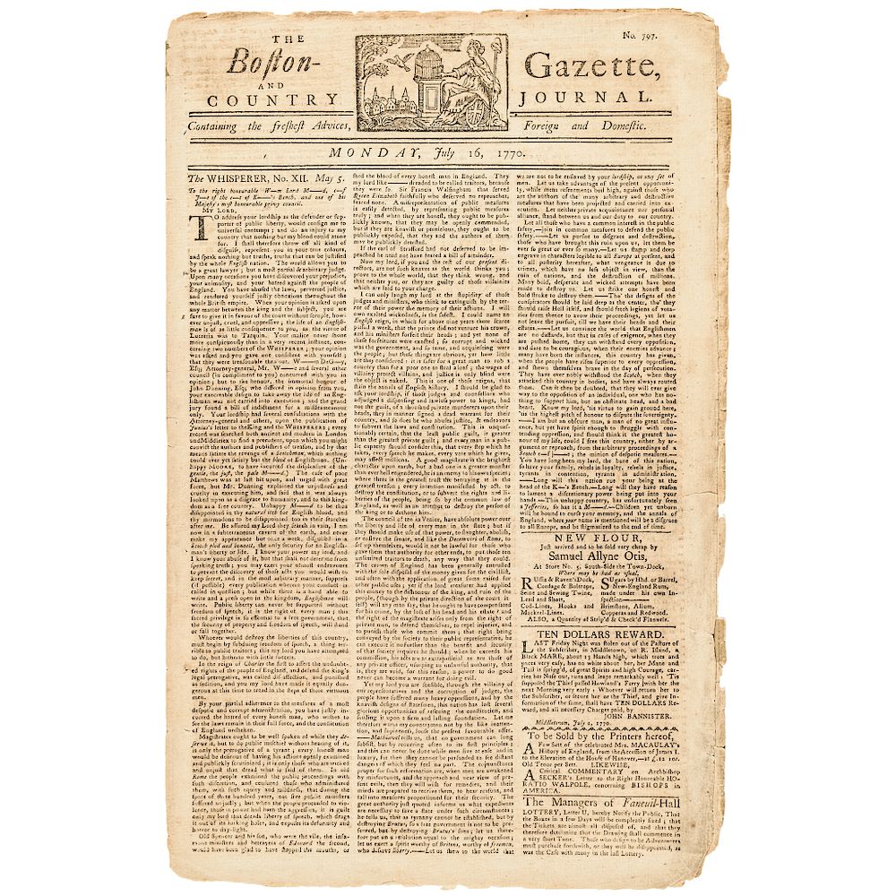 Appraisal: July Paul Revere Masthead Boston Gazette Newspaper and Boston Massacre