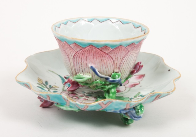 Appraisal: Chinese Export Famille Rose cup and saucer circa lotus form