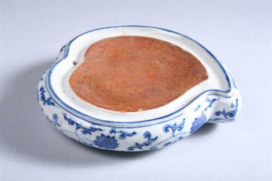 Appraisal: CHINESE BLUE AND WHITE PORCELAIN PEACH-FORM INKSTONE Jiaqing underglazed blue