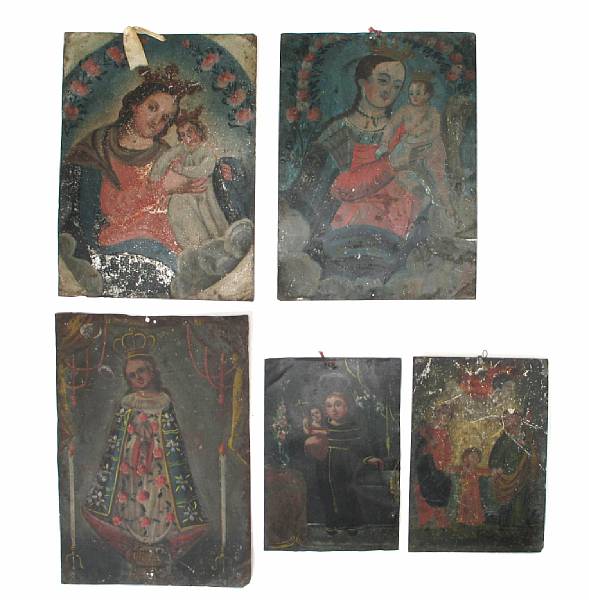 Appraisal: A group of five Spanish Colonial painted tin retablos th