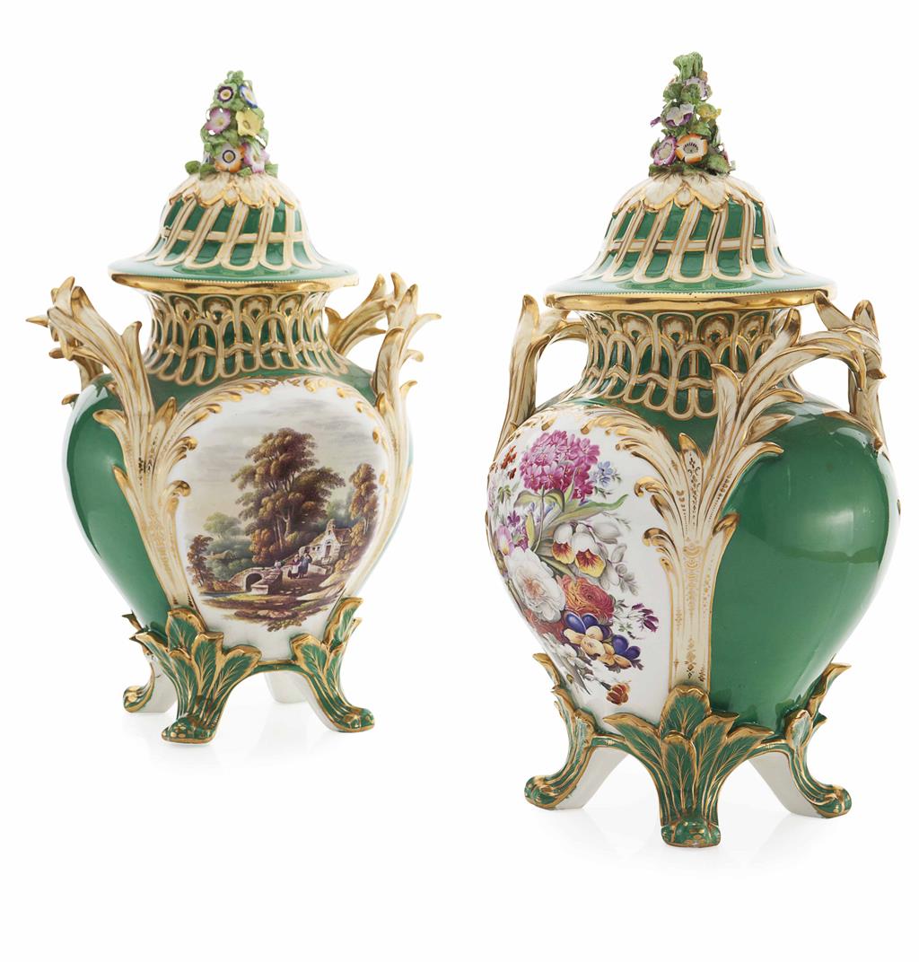 Appraisal: PAIR OF ENGLISH PAINTED PORCELAIN COVERED VASES TH CENTURY each