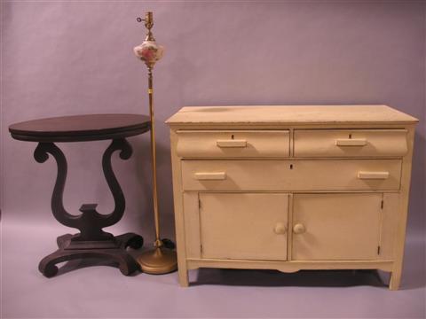 Appraisal: EMPIRE STYLE TABLE YELLOW PAINTED CHEST Together with a floor