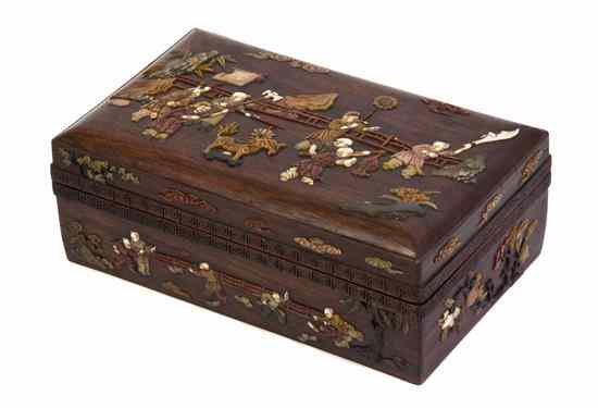 Appraisal: A Huanghuali Hardstone Inlaid Box and Cover late Qing Dynasty