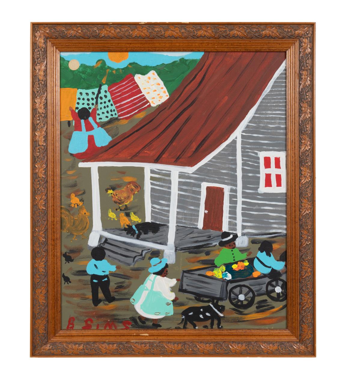 Appraisal: B SIMS FOLK ART PAINTING PLAYING IN THE YARD Bernice