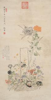 Appraisal: SCROLL PAINTING OF BASKET WITH FLOWERS SCROLL PAINTING OF BASKET