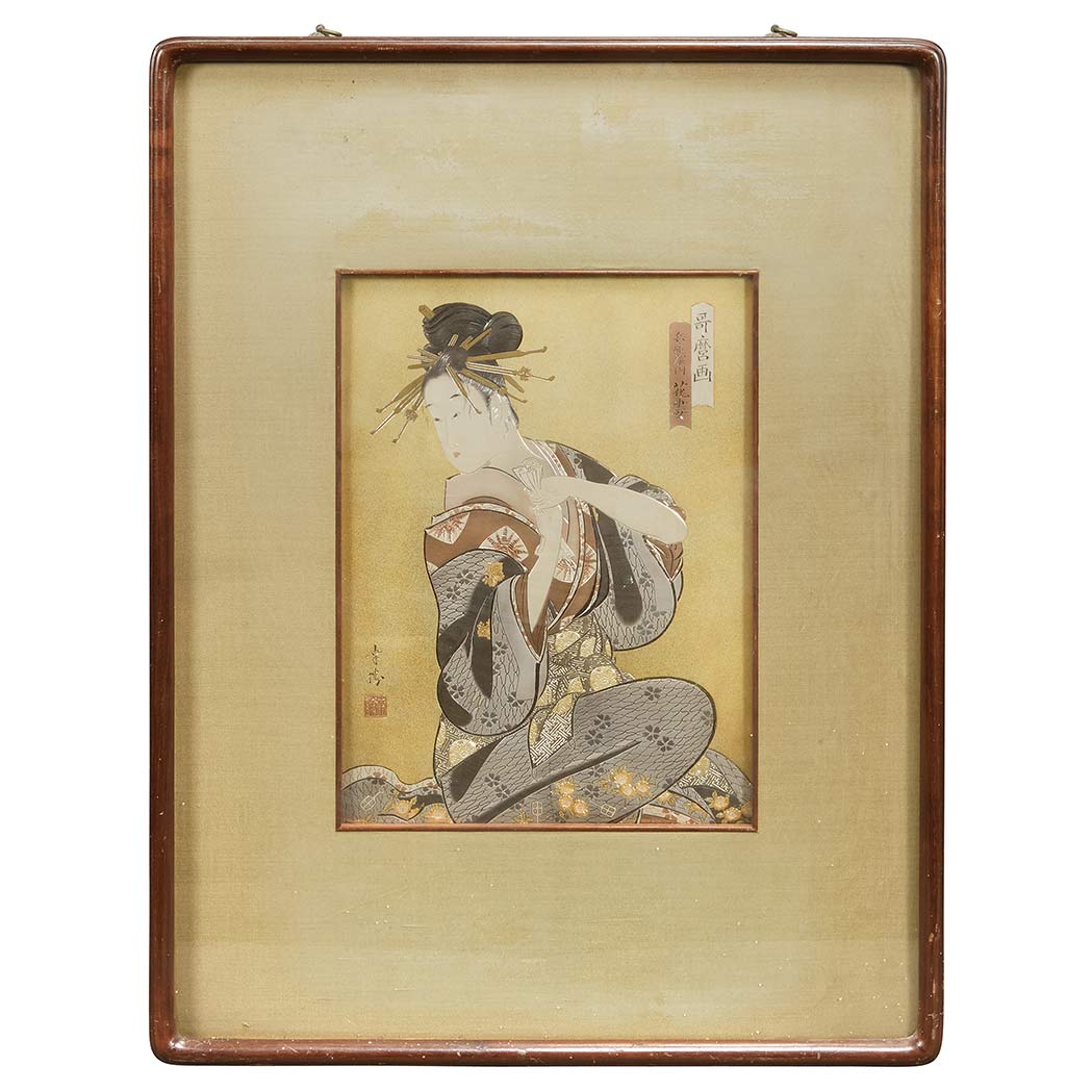 Appraisal: After Utamaro th Century Seated beauty holding a document Copper