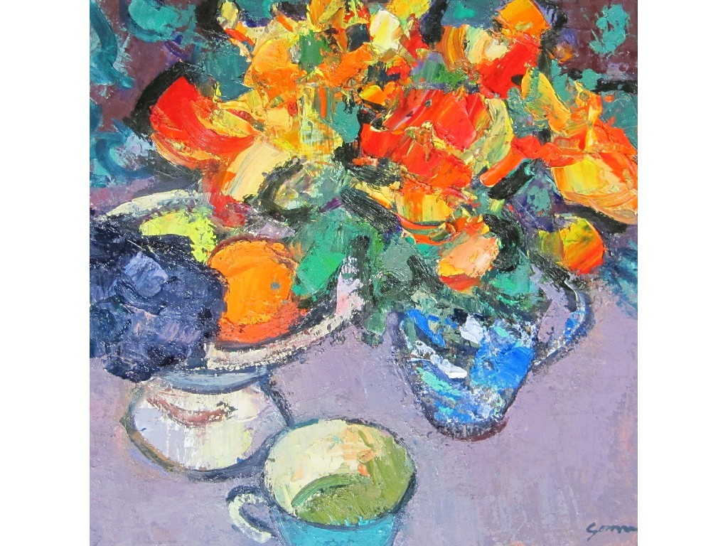 Appraisal: DES GORMAN b SEASONAL FLOWERS AND FRUIT Oil on gesso