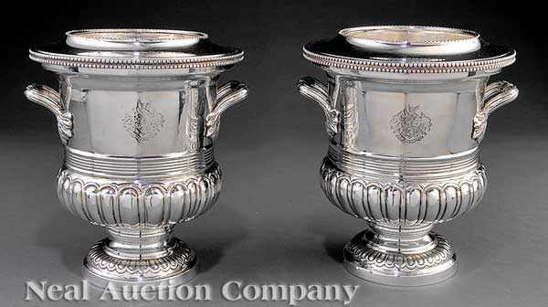 Appraisal: A Pair of Regency-Style Silverplate Wine Coolers campagna form with