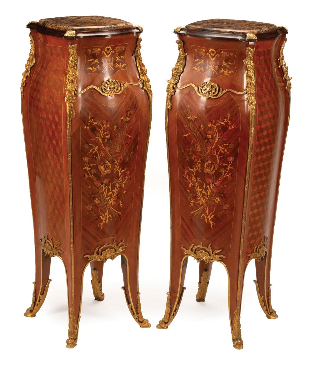 Appraisal: Pair of Louis XV-Style Bronze-Mounted Marquetry and Parquetry Bombe Pedestals