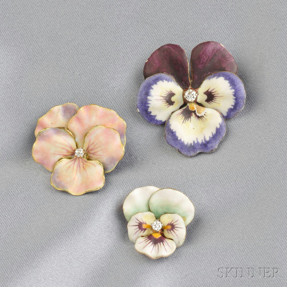 Appraisal: Three Art Nouveau Enamel and Diamond Pansy Brooches two kt