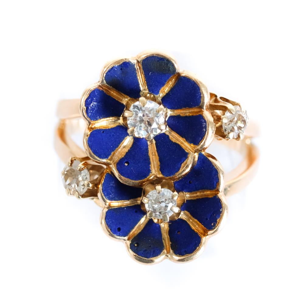 Appraisal: K YG BLUE ENAMEL DIAMOND FLORAL RING K yellow gold