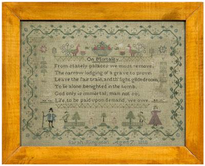 Appraisal: sampler six-line verse On Mortality below two peacocks flanking a