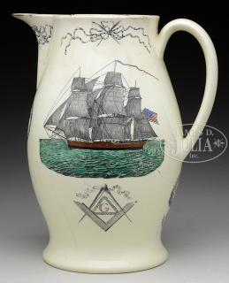 Appraisal: MASONIC LIVERPOOL JUG Jug features a Masonic transfer on one