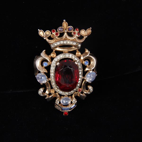 Appraisal: Trifari Sterling Vermeil Sheild and Crown Jeweled Pin Brooch Missing