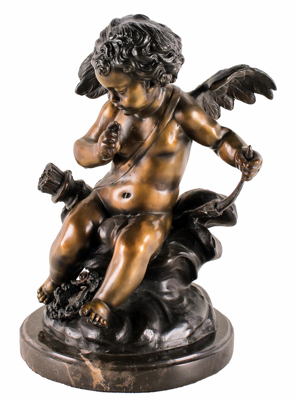 Appraisal: AFTER JEAN-ANTOINE HOUDON CUPIDsigned Houdon patinated bronze mounted to marble