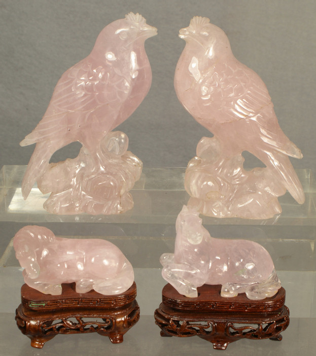 Appraisal: pcs carved rose quartz horses w stands and birds birds