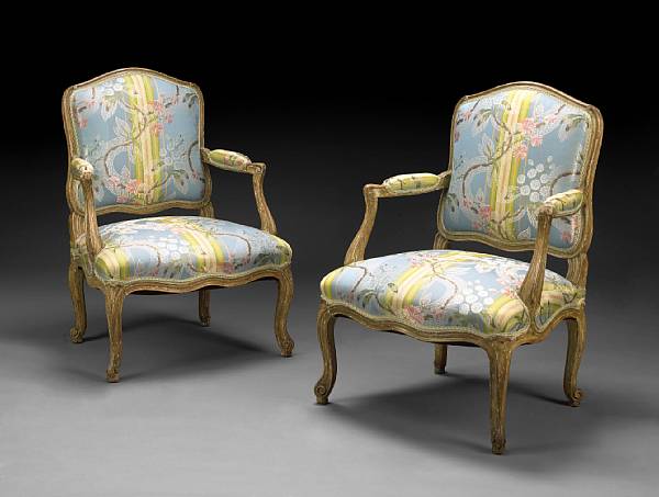 Appraisal: A pair of Louis XIV style partial painted fauteuils th