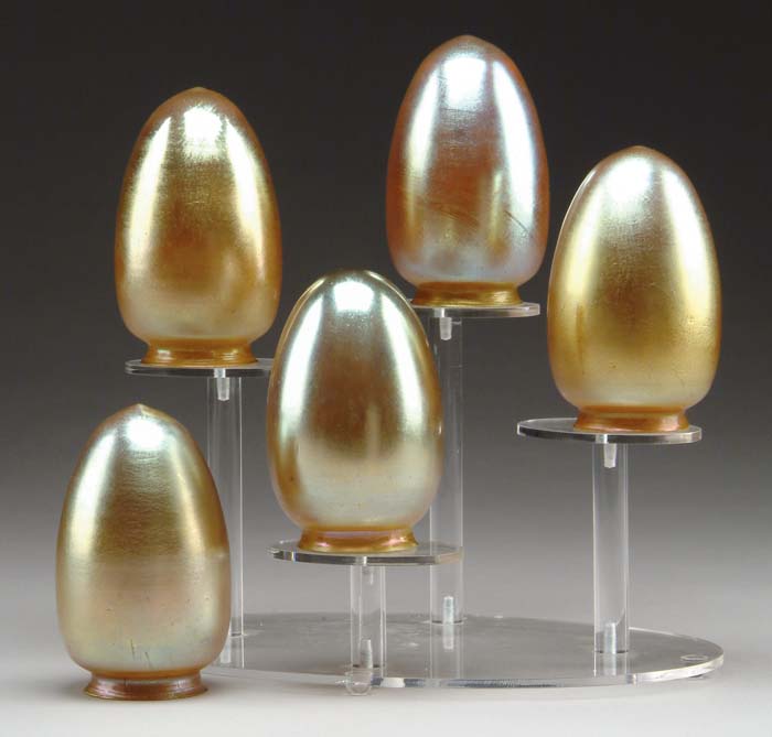 Appraisal: FIVE IRIDESCENT BULLET SHADES Very nice set of art glass