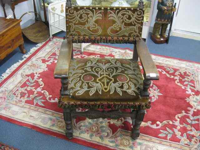 Appraisal: Antique Arm Chair fine embroidered relief tassel decor