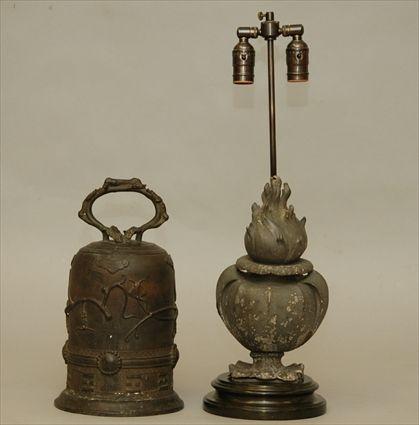 Appraisal: Urn-Form Lamp together with a Large Metal Bell