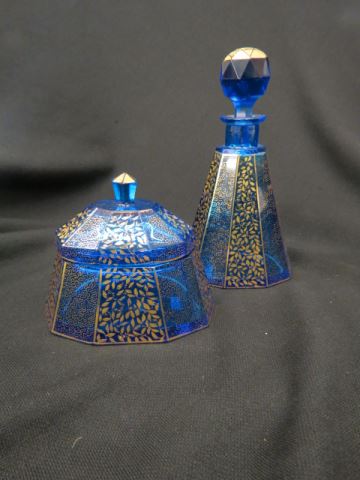 Appraisal: Moser Blue Art Glass Dresser Box and cologne bottle panel