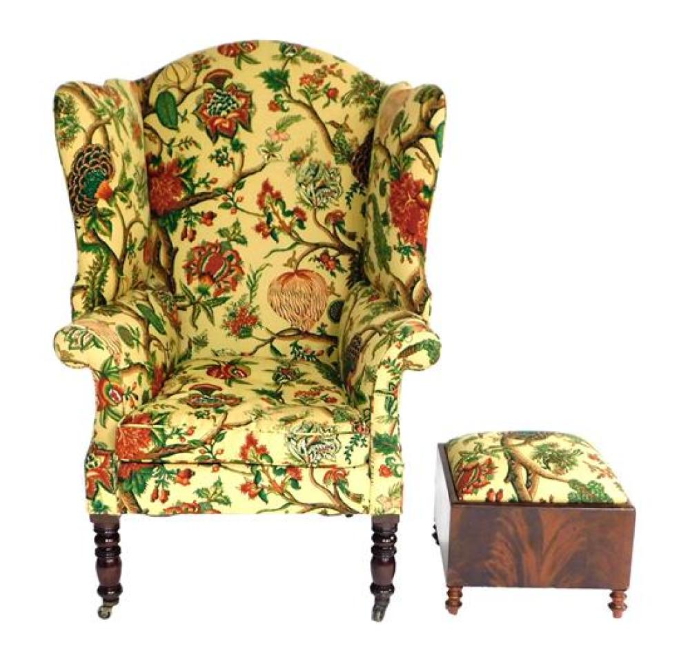 Appraisal: American Empire wing-back loose cushion chair along with companion stool