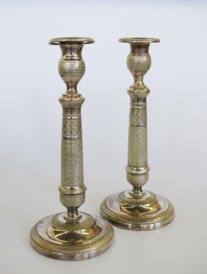 Appraisal: Attractive Pair of French Engine-Turned Silvered Brass Columnar Candlesticks second