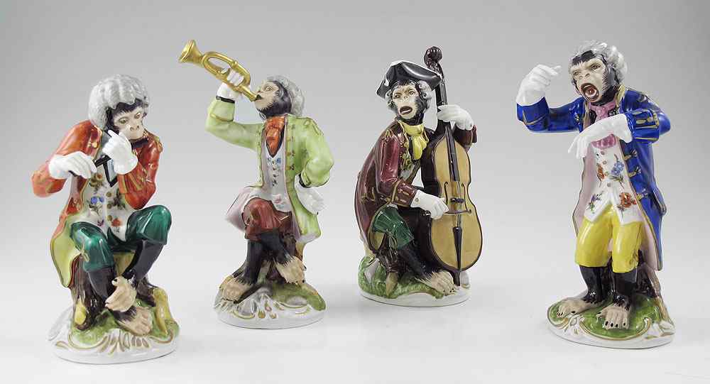 Appraisal: PIECE DRESDEN PORCELAIN MONKEY BAND Sandizell Porcelain Factory The Conductor