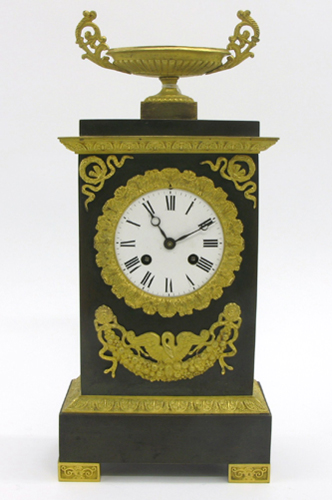 Appraisal: EMPIRE ORMOLU-MOUNTED BRONZE TABLE CLOCK French th century with Douillon