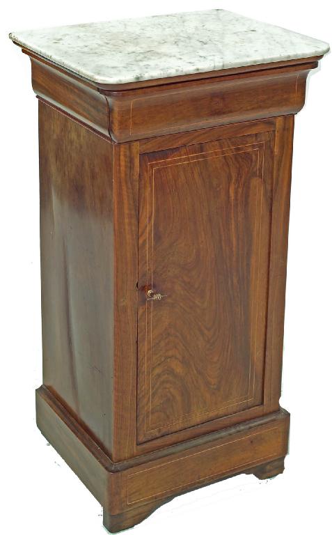 Appraisal: VICTORIAN MARBLE-TOPPED INLAID WALNUT POT CUPBOARD the rectangular top over