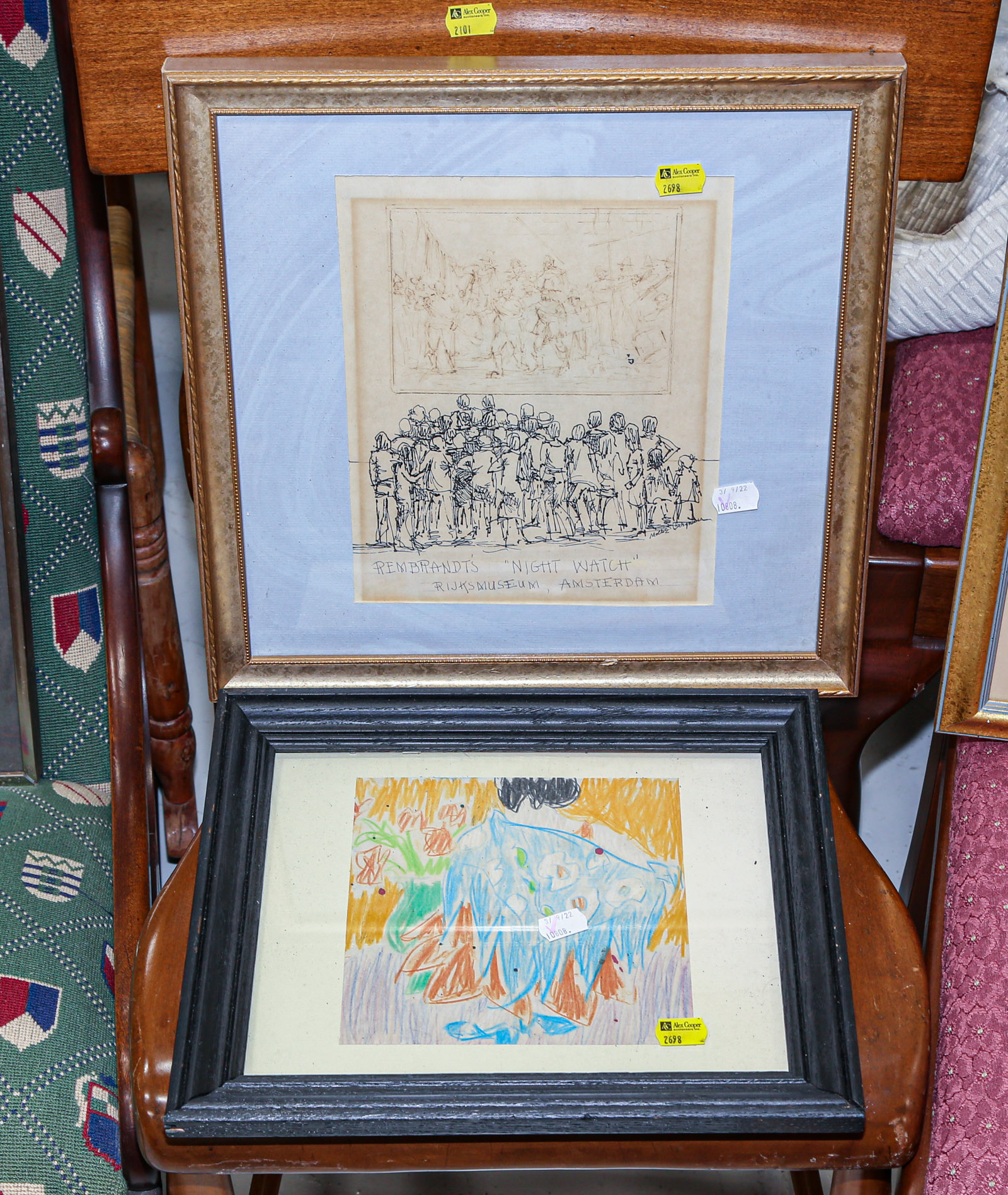 Appraisal: TWO FRAMED DRAWINGS Including Moche Bergman Rembrandt's Night Watch X