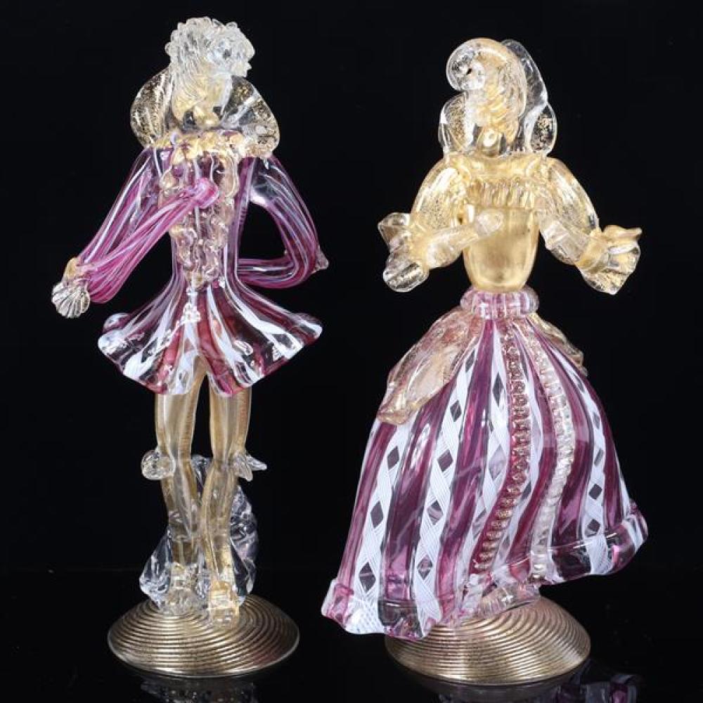 Appraisal: PAIR OF MURANO ART GLASS FIGURES WITH PINK CANING AND